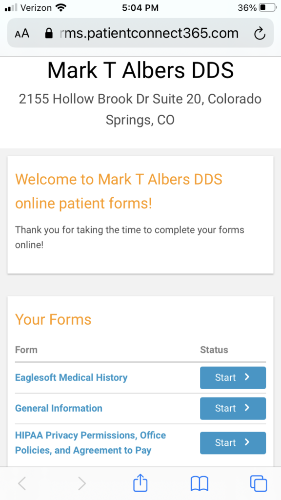 Screen shot of online forms page